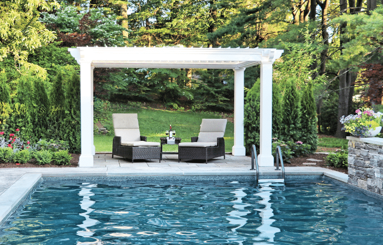 White Poolside Ultimate Louvered Pergola West Hartford CT